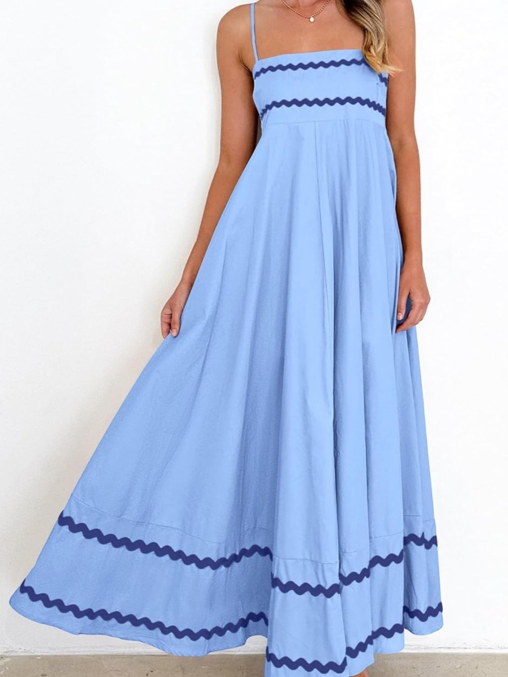 Light Blue Maxi Dress with Navy Trim